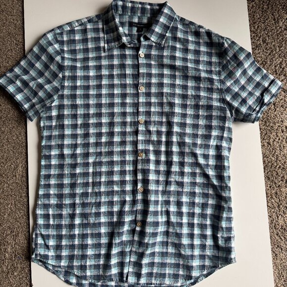 John Varvatos Checkered Plaid 100% Cotton Button-Down Size Medium Blue Black - Picture 1 of 6